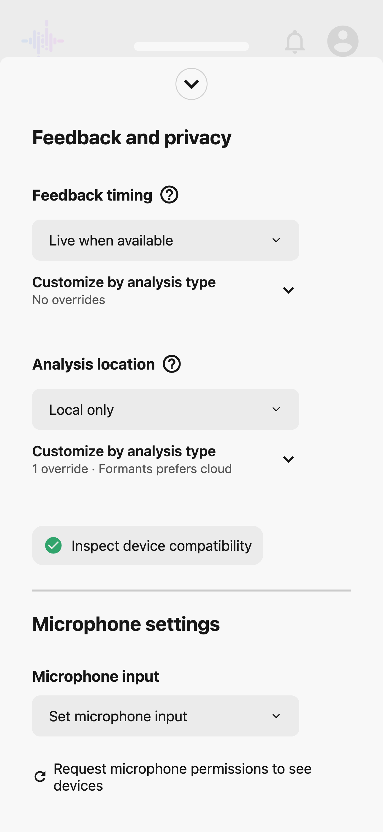 Genderfluent Feedback and privacy settings with controls for feedback timing, analysis location, and device compatibility.