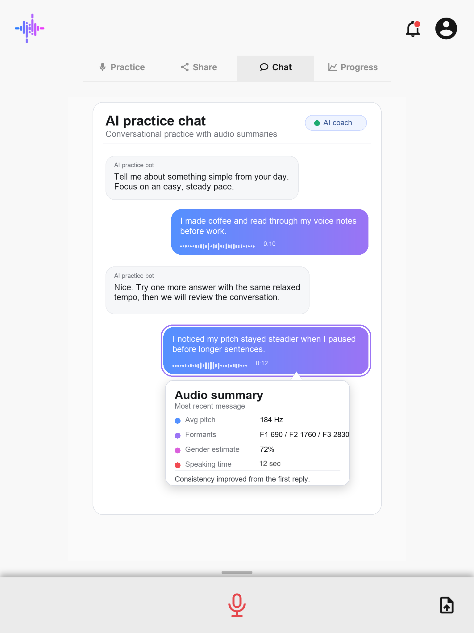 Mockup of a Genderfluent chat practice screen with conversation bubbles and an audio summary popover showing pitch, formants, gender estimate, and speaking time.